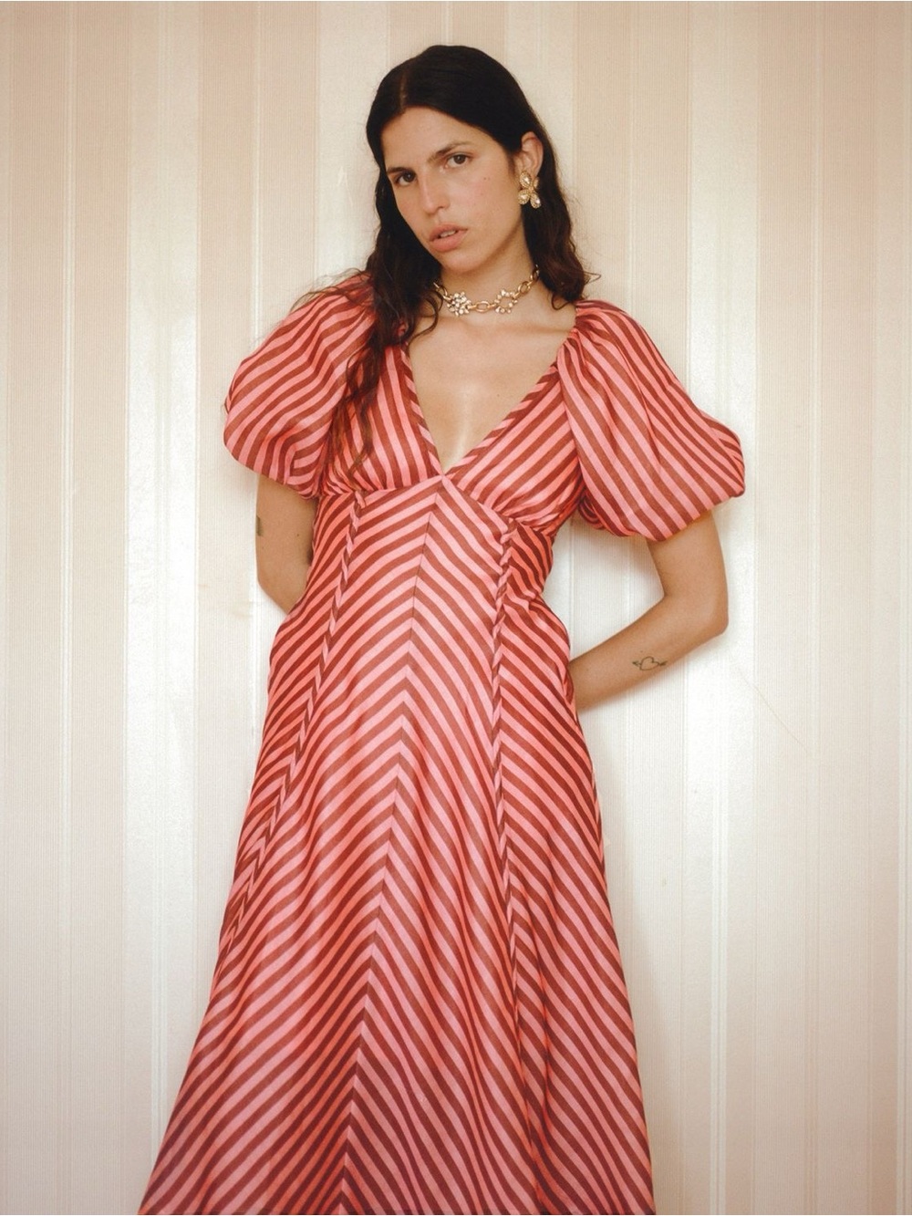 Lovaan Studios Tess Striped Linen Silk Puff Sleeve Midi Dress Humbug Stripe 12